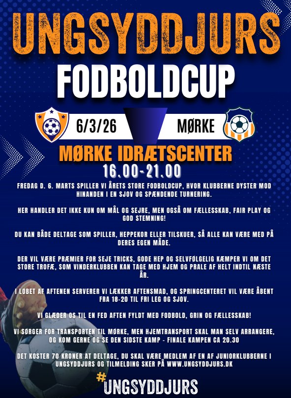 🥅⚽UNGSYDDJURS FODBOLDCUP! ⚽️🥅
Fredag d. 6. marts spiller vi årets store fodboldcup, hvor klubberne dyster mod hinanden i en sjov og spændende turnering.
Her handler det ikke kun om mål og sejre, men også om fællesskab, fair play og god stemning!
Du kan både deltage som spiller, heppekor eller tilskuer, så alle kan være med på deres egen måde.
Der vil være præmier for seje tricks, gode hep og selvfølgelig kæmper vi om det store trofæ, som vinderklubben kan tage med hjem og prale af helt indtil næste år.
I løbet af aftenen serverer vi aftensmad, og springcenteret vil være åbent til fri leg og sjov.
Vi glæder os til en fed aften fyldt med fodbold, grin og fællesskab!