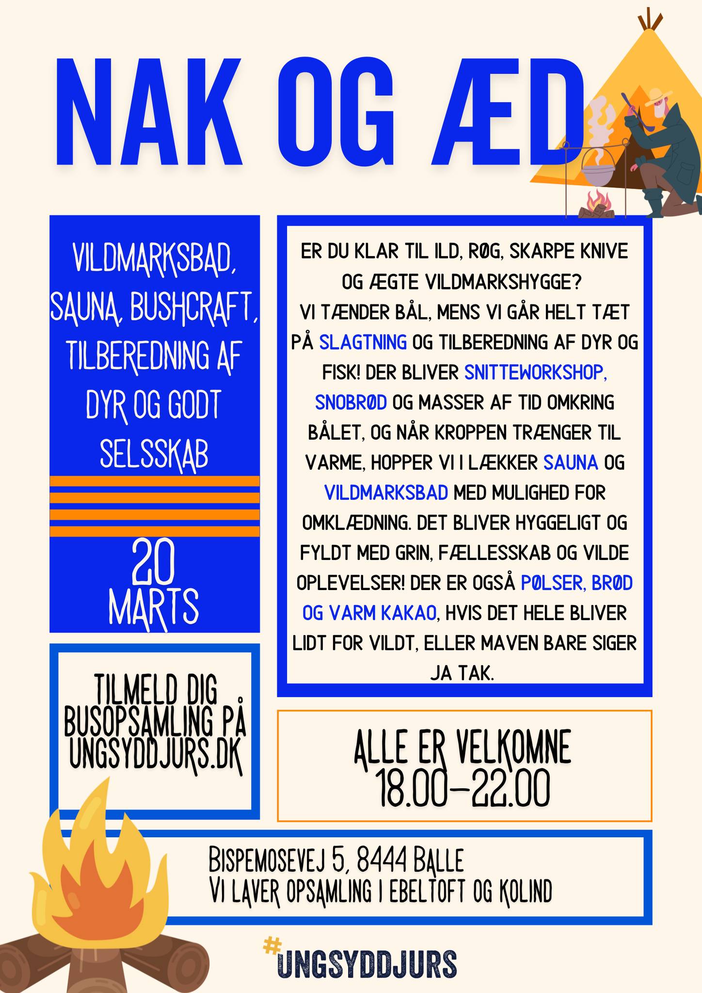 🔫🔥NAK OG ÆD - FREDAG AFTEN I KLUB!🔥🔫
Er du klar til ild, røg, skarpe knive og ægte vildmarkshygge?
Vi tænder bål, mens vi går helt tæt på slagtning og tilberedning af dyr og fisk! Der bliver snitteworkshop, snobrød og masser af tid omkring bålet, og når kroppen trænger til varme, hopper vi i lækker sauna og vildmarksbad med mulighed for omklædning. Det bliver hyggeligt og fyldt med grin, fællesskab og vilde oplevelser! Der er også pølser, brød og varm kakao, hvis det hele bliver lidt for vildt, eller maven bare siger ja tak.
De 9 ungdomsklubber afholder hver deres fredags event og nu er turen kommet til Rosmus klubbens fantastiske arrangement. Vi håber at se en masse unge til en rigtig vildmarks oplevelse - det er konge Skouboe!