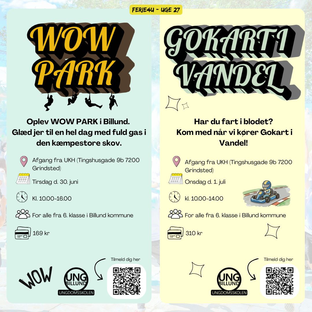 Er du til højder og vilde aktiviteter? Eller er du en med fart i blodet? 😎🏎
Så skal du da med når turen går til WOW Park tirsdag d. 30. juni og når vi kører gokart i vandel onsdag d. 1. juli 🌞
Tilmeld dig på ungbillund.dk😍