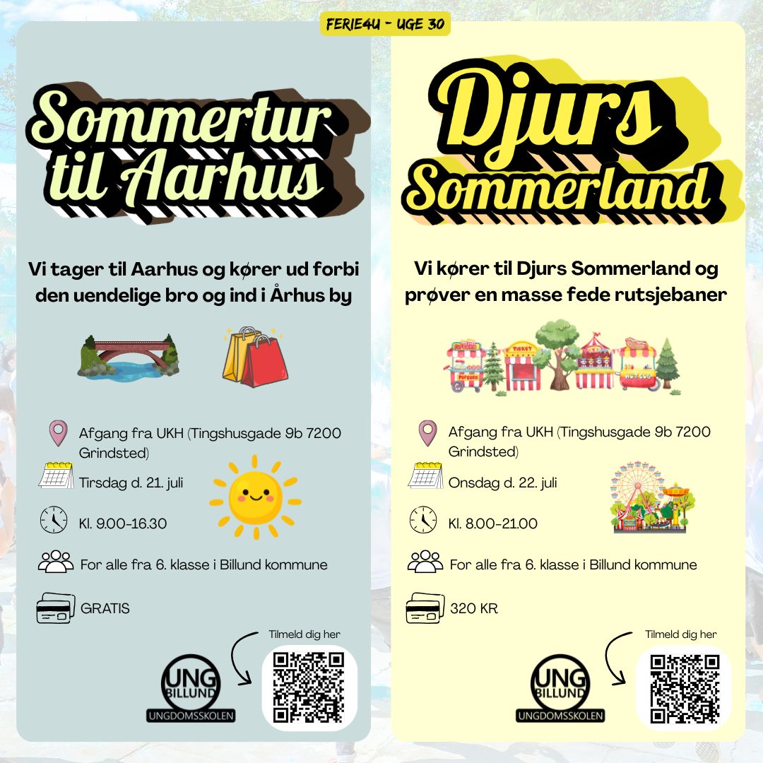 VI ELSKER SOMMER I UNGBILLUND! 🌞😍
Tag med når turen går til Aarhus d. 21. juli! Her besøger vi den uendelige bro og tager ind i Aarhus by! 😎
Du kan også godt begynde at glæde dig til d. 22. juli, hvor vi tager i Djurs Sommerland og fyrer den max af! 🥳
Tilmeld dig på UngBillund.dk