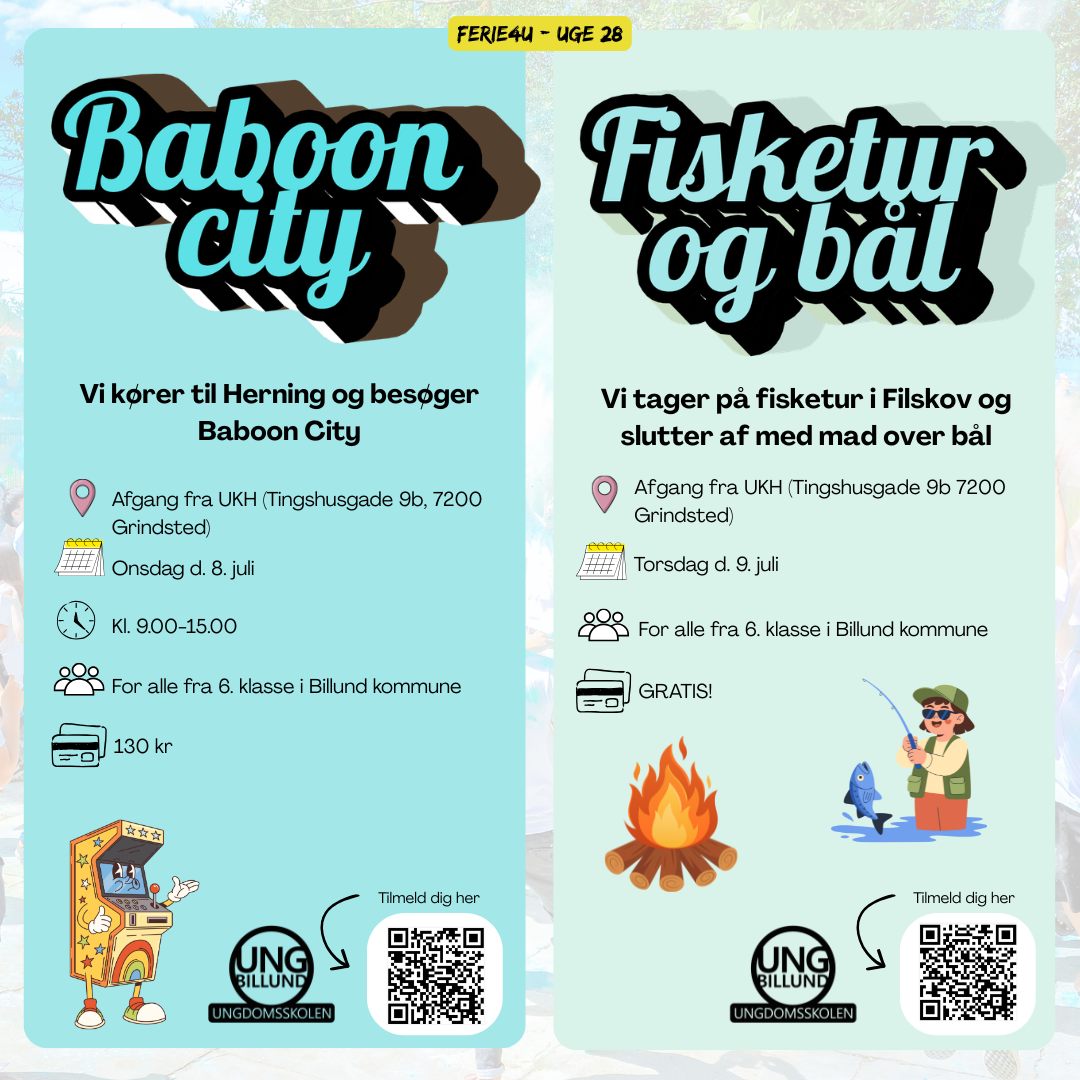 SKAL DU MED?! 😎
Onsdag d. 8. juli tager vi en tur i Baboon City i Herning og skruer helt op for hyggen!
Du kan også tage med på fisketur med bålhygge i Filskov d. 9. juli. 🌞
Tilmeld dig nu! Vi ses i UngBillund🥳
