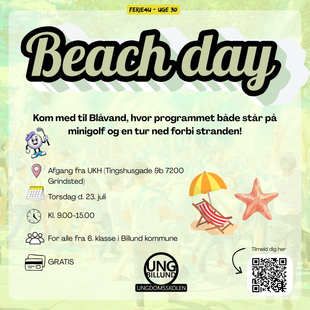 KALDER ALLE STRANDELSKERE! 🌞😍
Torsdag d. 23. juli tager vi en tur til Blåvand, hvor programmet både står på minigolf og en tur på stranden! 🏖️
Tilmeld dig på UngBillund.dk! Ses vi?😎