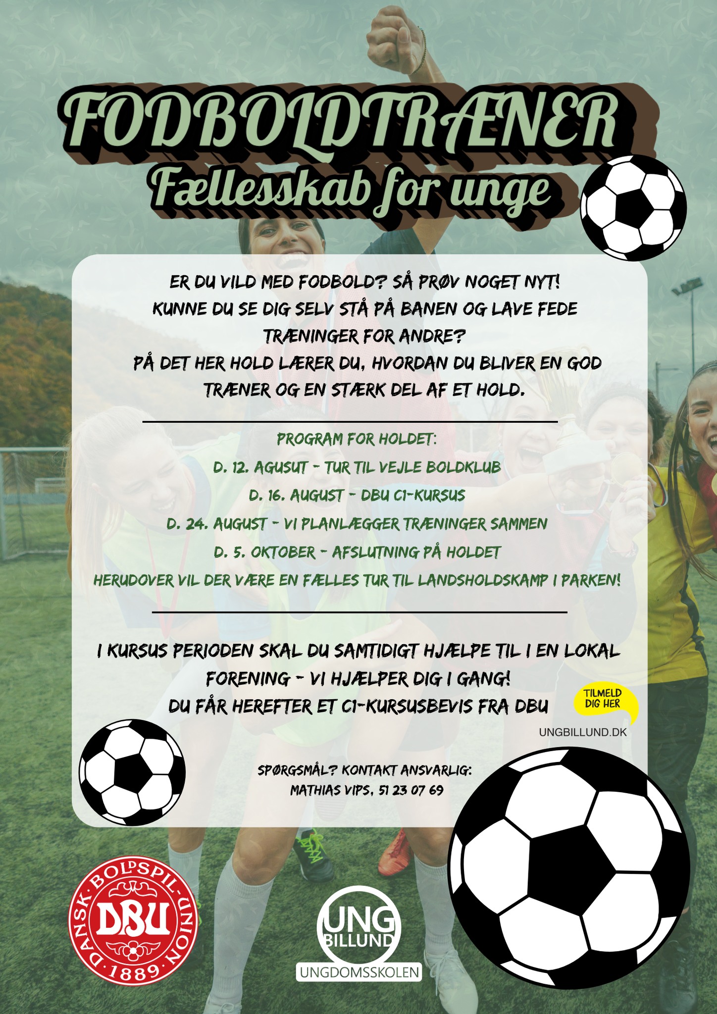 ⚽️ Er du vild med fodbold? Så er det her måske noget for dig! ⚽️
Efter sommerferien starter vores helt nye Fodboldtræner-hold for unge, der elsker fodbold og har lyst til at prøve kræfter med rollen som træner.
På holdet kommer du blandt andet:
✅ På tur til Vejle Boldklub
✅ På DBU C1-kursus
✅ Til at planlægge og afprøve træninger sammen med andre unge
✅ Til landskamp i Parken
✅ Til at få erfaring i en lokal fodboldforening
Du behøver ikke allerede være træner – du skal bare have lyst til at lære og være en del af et stærkt fællesskab omkring fodbolden ⚽️🙌
Som afslutning får du et DBU C1-kursusbevis, som er et stærkt punkt på CV'et og en god start, hvis du drømmer om at blive træner.
📅 Opstart efter sommerferien
📍 Tilmelding på: https://www.ungbillund.dk/subjectclass/466174d43a5e461d817e053556d252bf
Tag gerne en ven, der burde se det her 👇⚽️