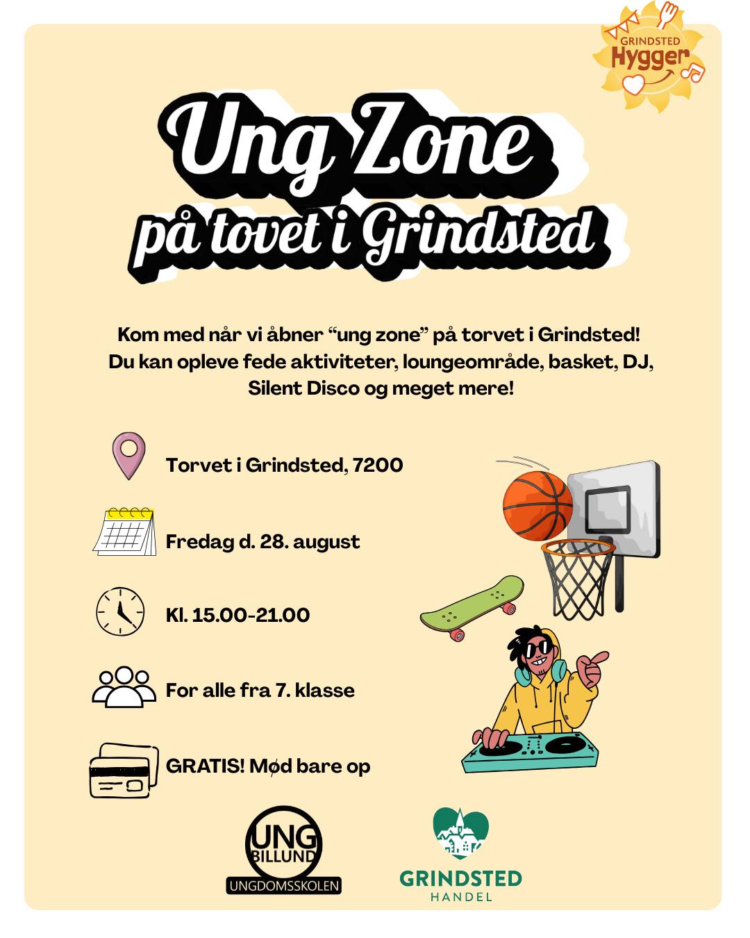 Kom med til UNG ZONE på Torvet i Grindsted fredag d. 28. august hvor vi max hygger!😎
Tag dine venner med til aktiviteter som Silent Disco, DJ, basketball og meget mere!
Ses vi? 🔥