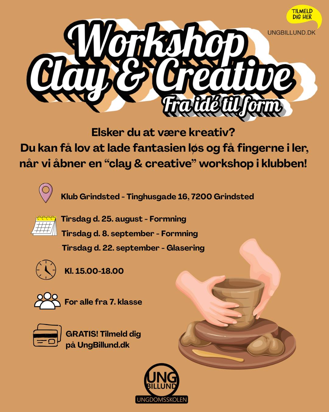 Kan du li´at bruge dine hænder til noget kreativt? Så kom med når vi åbner en "clay & creative" workshop! 😍
Det starter tirsdag d. 25. august og slutter tirsdag d. 22 september og det er HELT gratis! Tilmeld dig på ungbillund.dk
Ses vi? 🌞