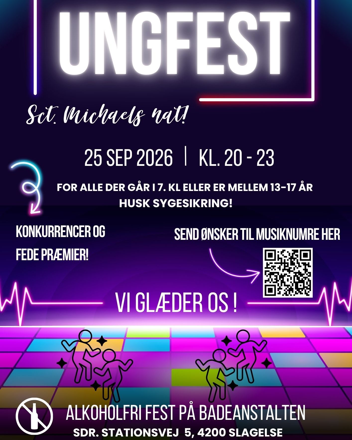 Du er inviteret til fest! 💃
På Sct. Michaels Nat arrangerer Slagelse Musikhus, Klubdistrikt Syd og UngSlagelse endnu engang UngFest på Badeanstalten. Kom og vær med fredag d. 25. september kl. 20.00-23.00, når flere hundrede unge fester, danser og synger.
UngFest er for dig, der går i 7. klasse til og med 17 år. Medbring gyldigt sundhedskort eller pas i døren for at komme ind.
Og fik vi sagt, at det er helt gratis? Vi glæder os til at danse med dig 🕺