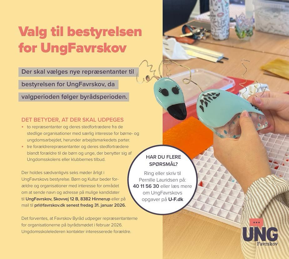 Ser lige her 📣
Der skal udvælges nye bestyrelsesmedlemmer til UngFavrskovs bestyrelse🌟
Måske skal det være dig❓
Se mere i opslaget💡