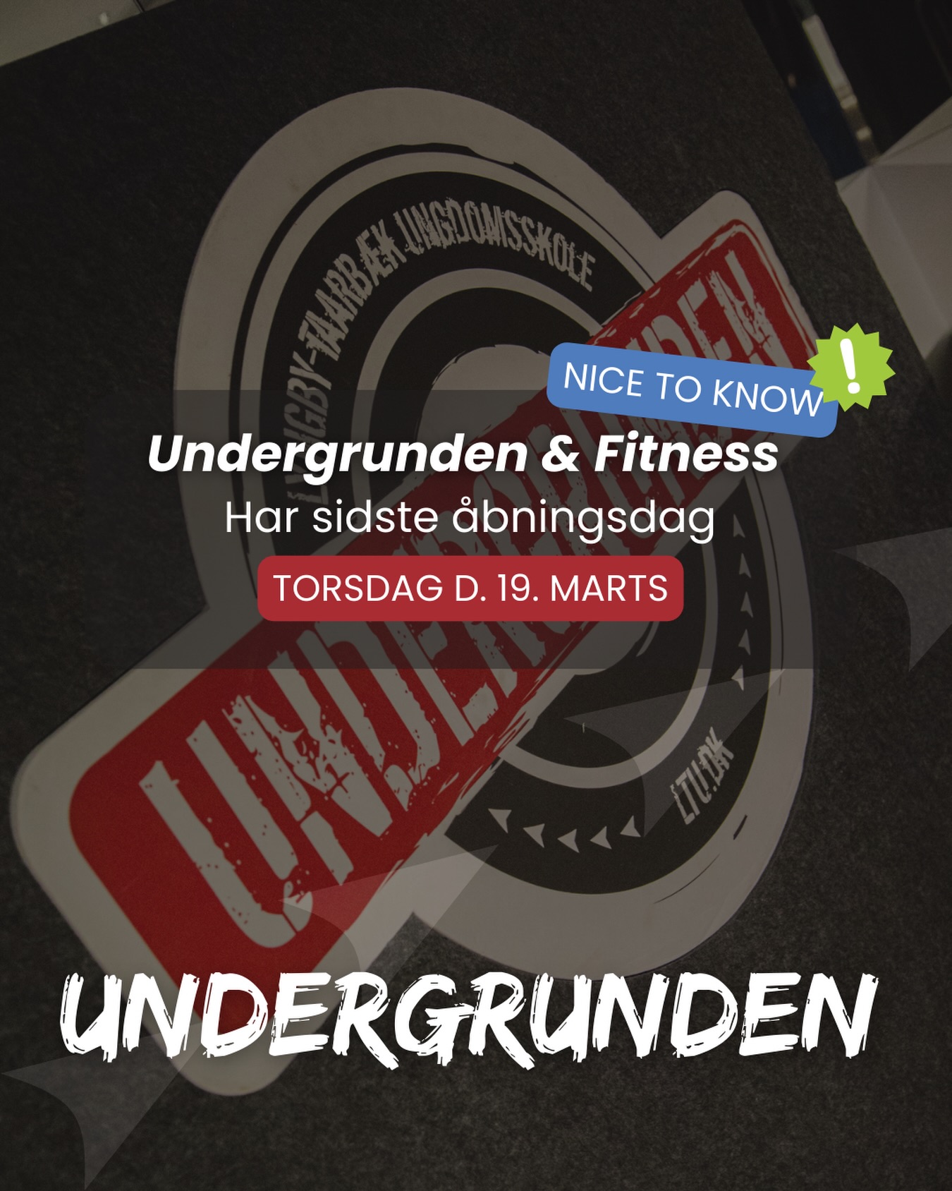 Undergrunden & Fitness har sidste åbningsdag
👉 𝗧𝗼𝗿𝘀𝗱𝗮𝗴 𝗱. 𝟭𝟵. 𝗠𝗮𝗿𝘁𝘀
#LTU💙 #Undergrunden #Fitness