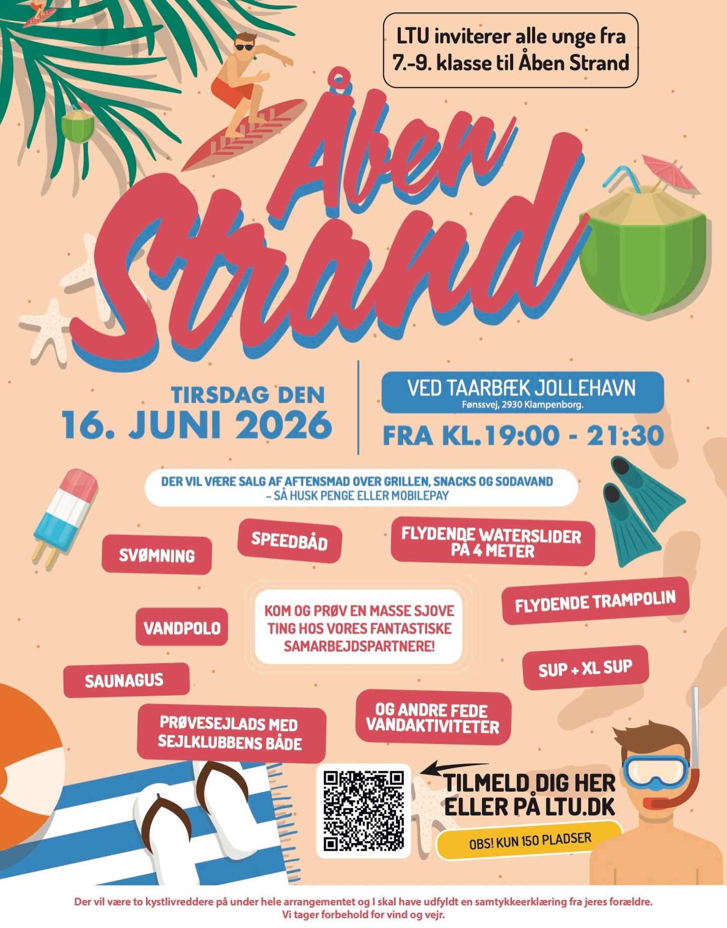 LTU inviterer alle unge fra 7.-9.klasse til Åben Strand 🏖️
🗓️ Tirsdag den 16. juni 2026
⏳ Fra kl.19:00-21:30
📍 Taarbæk jollehavn, Fønssvej, 2930 Klampenborg.
Kom og prøv alverdens aktiviteter på vandet med vores samarbejdspartnere - eller en god omgang Saunagus! 🧖🧖♀️
LTU har speedbåd med som I kan prøve 🚤
Der vil være salg af mad fra vores grill og drikke. Og I kan også bare hænge ud på havnen 🤙
🚨 OBS! Kun 150 pladser 🚨
Uddannede livreddere tilstede under hele arrangementet 🤝
Tilmelding via.
🌐 www.LTU.dk
𝗟𝗜𝗡𝗞 𝗜 𝗕𝗜𝗢
@ltu.dk 👈
#LTU💙 #Åbenstrand #2026 #ungilyngbytaarbæk