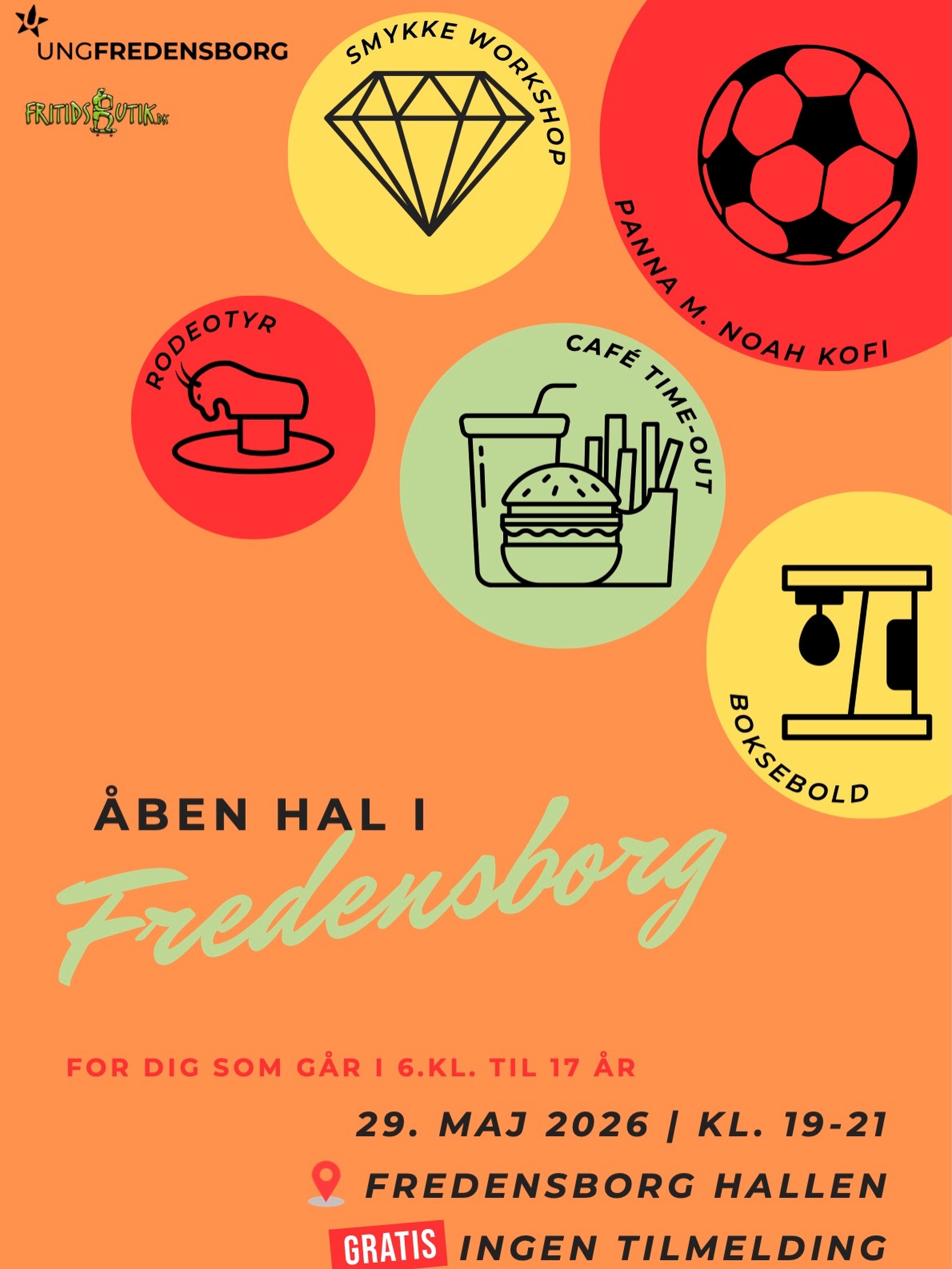 Åben Hal i Fredensborg! 🔥
For dig som går i 6. klasse til 17 år
En aften fyldt med fede aktiviteter sammen med vennerne! ⚽️🏓🏀🤸
🗓️ Fredag d. 29. maj 2026
⏳ 19.00-21.00
📍 Fredensborg Hallen
🪧 Ingen tilmelding! 🪧
D O N ’ T M I S S I T ⚡️
#Ungfredensborg🧡 #Åbenhal #ungifredensborg