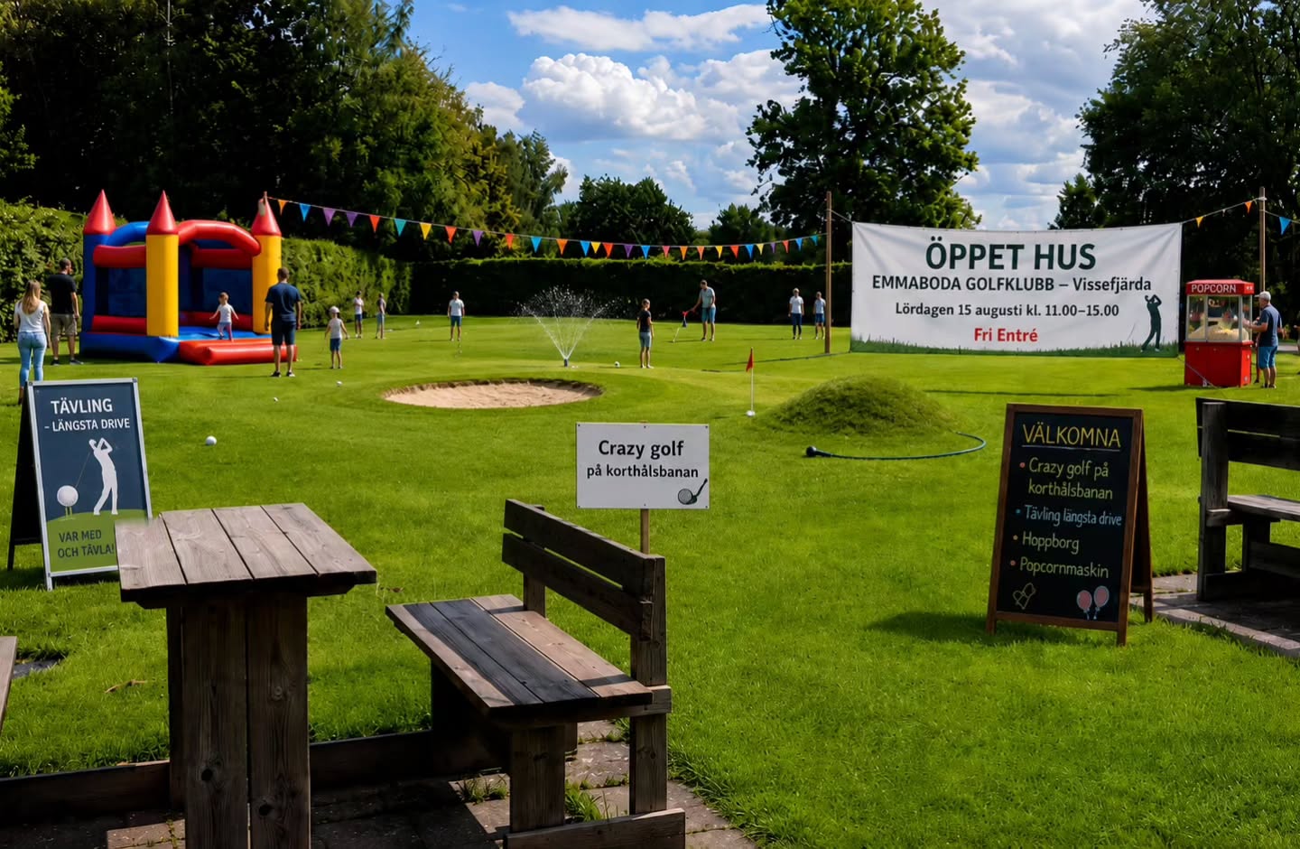 ÖPPET HUS PÅ EMMABODA GOLFKLUBB
Vissefjärda
Lördagen 15 augusti kl. 11.00 – 15.00
- Crazy golf på korthålsbanan
- Tävling, längsta drive
- Hoppborg
- Popcornmaskin
VÄLKOMNA
Fri Entré