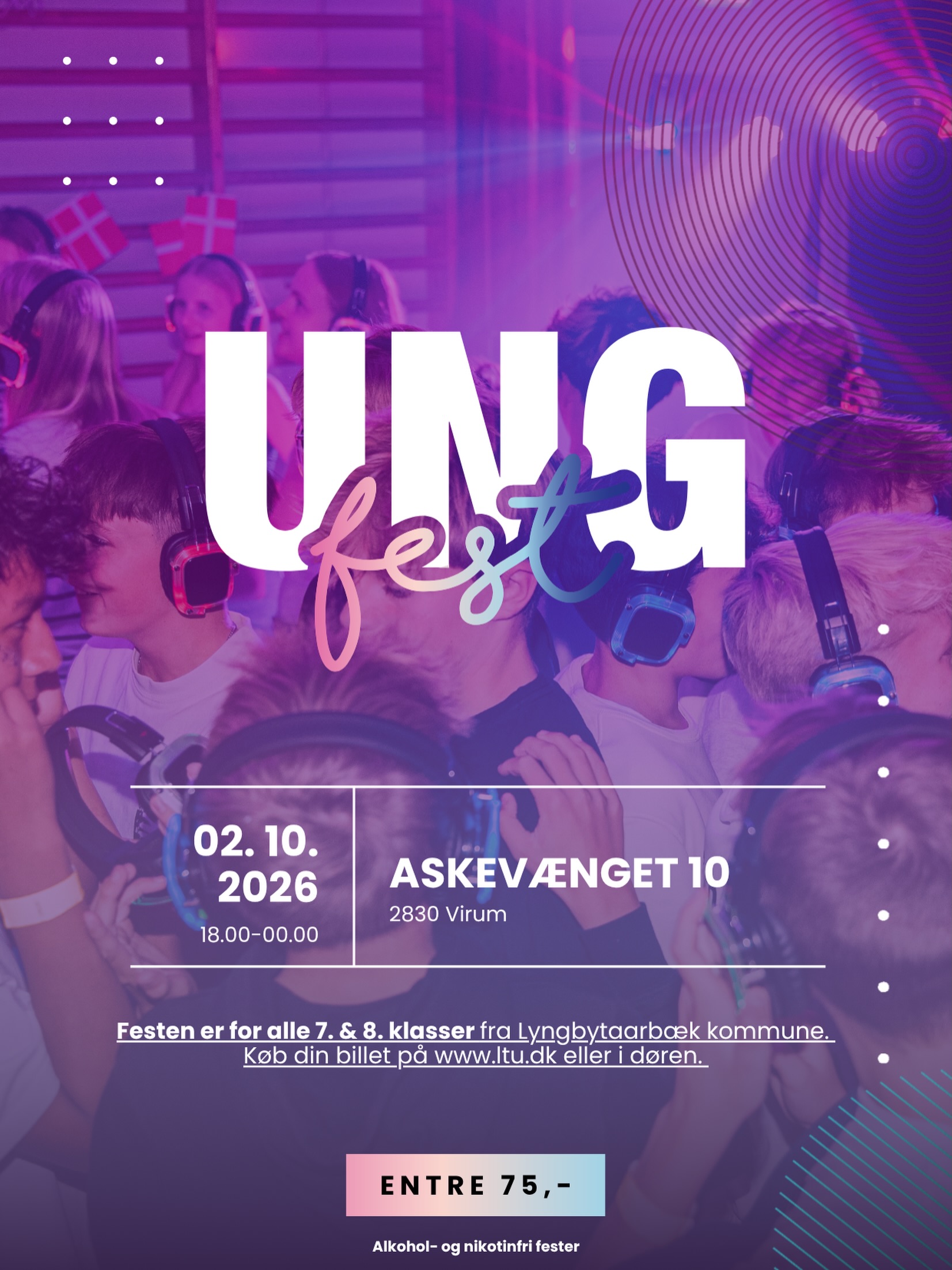 LTU inviterer til UngFest for alle 7.-8. klasser fredag den 2. oktober 2026 🎉
UngFest har det vildeste diskotek klar til jer og masser af underholdning!
Vi har fyldt aftenen med forskellige loungeområder: ↘️
🪩 Glæd dig til vores DJ fyrer op for festen med et kæmpe lysshow!
👾 Gaming Lounge: Med Playstation , computerspil m.m.
💋 Festival-makeup med glimmer og perler instrueret af proffesionel make-up artist!
🎧 Silent Disco: Dans i dit helt eget univers med dine venner imens I har høretelefoner på og hører hver sin musik! Nu med live DJ.
📸 MySelfie: Stil dig foran kameraet, smil og få et minde med hjem fra en uforglemmelig aften!
⚡️ Basketmaskine, boksemaskine, gladiatorbane og sumobrydning.
🍬 Bar: Vi har fyldt baren med snacks, toast, slusch ice, sodavand m.m., som kan købes hele aftenen!
🔥 og masser af konkurrence og overraskelser!
Det koster 75 kr. at deltage
OBS! Når først beløbet er indbetalt, refunderes de ikke
Festen er naturligvis alkohol- og røgfri.
Tilmelding via.
🌐 www.LTU.dk
𝗟𝗜𝗡𝗞 𝗜 𝗕𝗜𝗢
@ltu.dk 👈
#LTU💙 #UNGFEST #2026