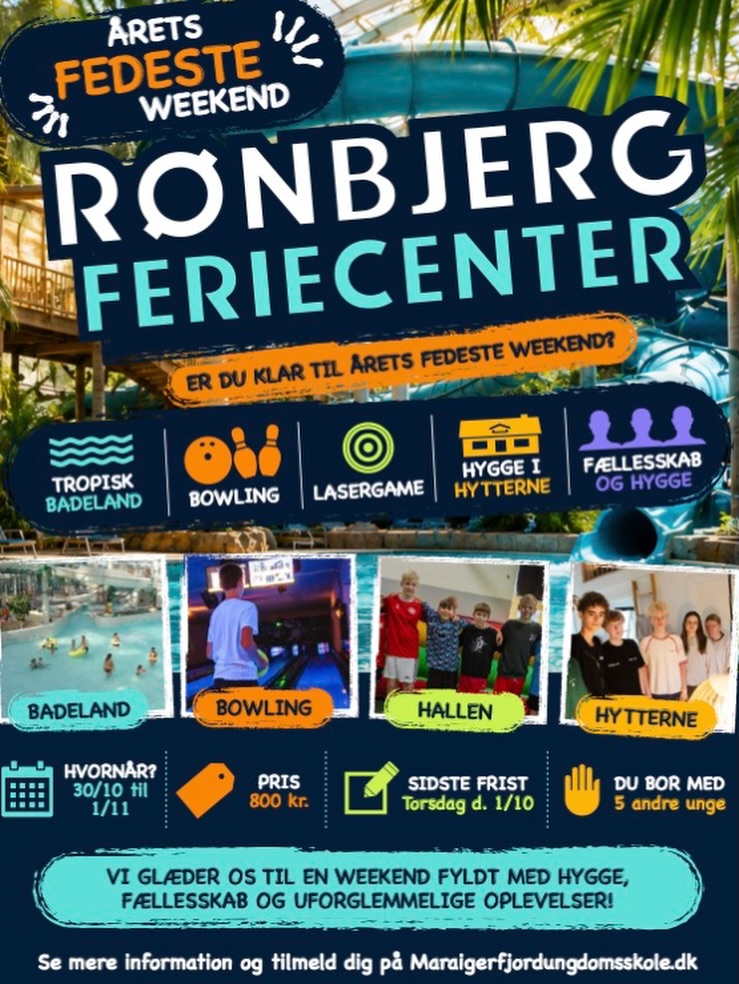 🌴 RØNBJERG FERIECENTER 2026 🌊
Er du klar på en weekend fyldt med fede aktiviteter, hygge og nye venskaber? 👀
Vi tager til Rønbjerg Feriecenter med en masse unge – og du skal med!
🎳 Bowling
🔫 Lasergame
💦 Poolparty
🎨 Kreacafé
🏀 Sport & aktiviteter
🌴 Tropisk badeland
🏡 Du får
• Overnatning i 6-personers hytte
• Transport tur/retur
• Fri adgang til badeland
• Alle aktiviteter
📅 30. oktober – 1. november 2026
💰 Pris: 800 kr.
🚌 Opsamling i Arden, Hadsund og Hobro
🍕 Mad og lommepenge: Du sørger selv for mad, snacks og drikkevarer.
INTROAFTEN 👀
📅 7. oktober 2026
⏰ Kl. 18.00–20.00
📍 Hadsund Hallerne
Her møder du dine hyttekammerater, planlægger mad og aktiviteter og får styr på alt det praktiske.
Klar på årets fedeste weekend? 🌴🔥
Læs mere og tilmeld dig på:
🌐 www.mariagerfjordungdomsskole.dk
𝗟𝗜𝗡𝗞 𝗜 𝗕𝗜𝗢
@mariagerfjordungdomsskole 👈
#Mariagerfjordungdomsskole #rønbjergferiecenter #2026