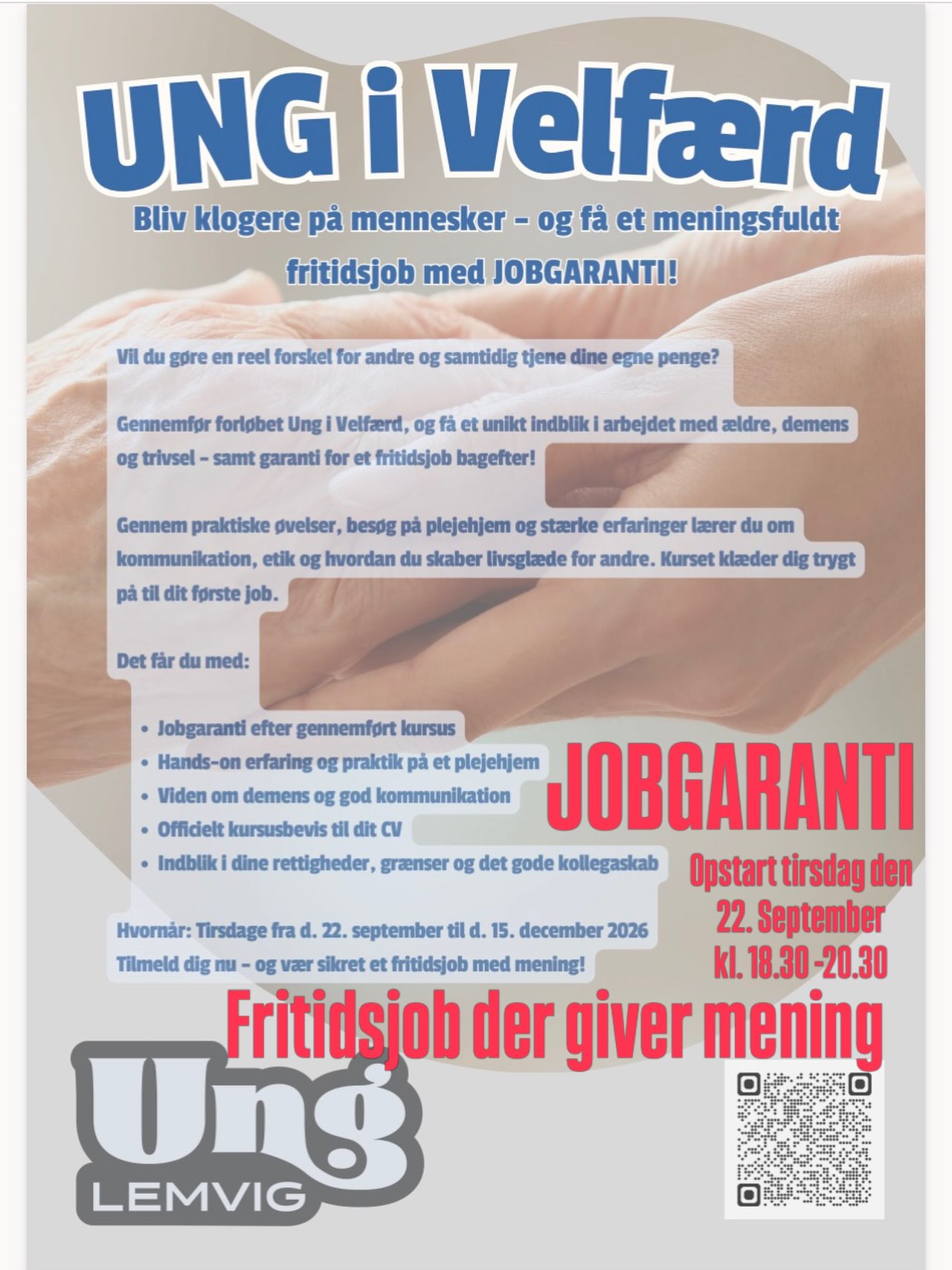 Drømmer du om et fritidsjob der giver mening ? Hvor du er med til at bidrage til livskvalitet, nærvær, fællesskab, aktiviteter og samvær sammen med ældre mennesker ♥️ Så har du netop nu mulighed for, at tilmelde dig et forløb på Ung Lemvig, med opstart tirsdag den 22. Sep. kl. 18.30 -20.30. Hop ind på på unglemvig.dk og læs mere om indholdet på lektionsplanen. Det er også på unglemvig.dk du tilmelder dig holdet, der er kun 16 pladser 🤩