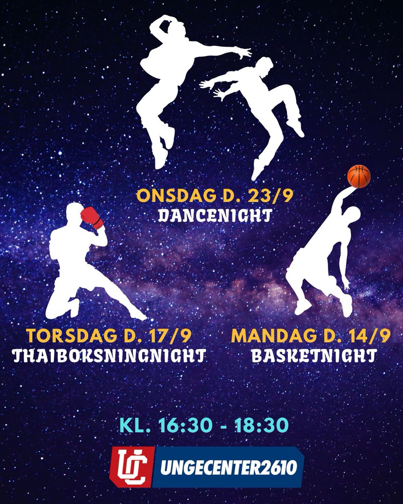 Prøv et hold af – for one night! 🔥
Mød vores fede undervisere, mød andre unge og få en fed aften!
Basket Night
Mandag d. 14/9 kl. 16.30–18.30
Thaiboksning Night
Torsdag d. 17/9 kl. 16.30–18.30
Dance Night
Onsdag d. 23/9 kl. 16.30–18.30
Undervisning er gratis!
Du kan stadig nå at tilmelde dig – link i bio 🔗