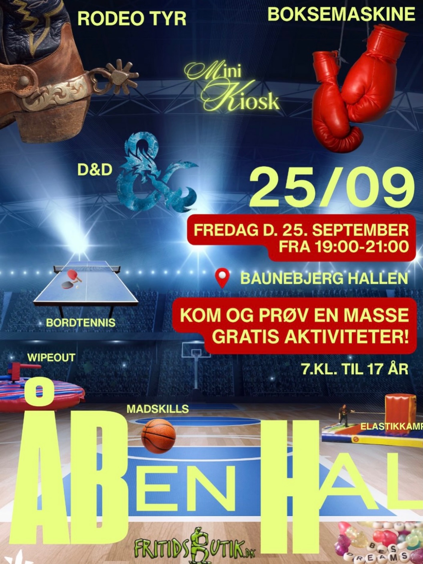 🔥 ÅBEN HAL 🔥
🗓️ 25. september 2026
⏳ 19.00–21.00
📍 Baunebjerghallen
Prøv kræfter med blandt andet: ⤵️
🚀 Wipeout
🐂 Rodeotyr
💥 Elastikkamp
🥊 Boksebold
🐉 Dungeons & Dragons
🤾 Håndbold med Øresund Håndbold
🏓 Bordtennis
🧑🎨 Kreahjørne med perler
🥤 Mini-café med snacks og sodavand
Så tag vennerne med og kig forbi til en aften med masser af aktiviteter og god stemning!
Vi ses til Åben Hal! 🧡
#Ungfredensborg #ÅbenHal #ungifredensborg